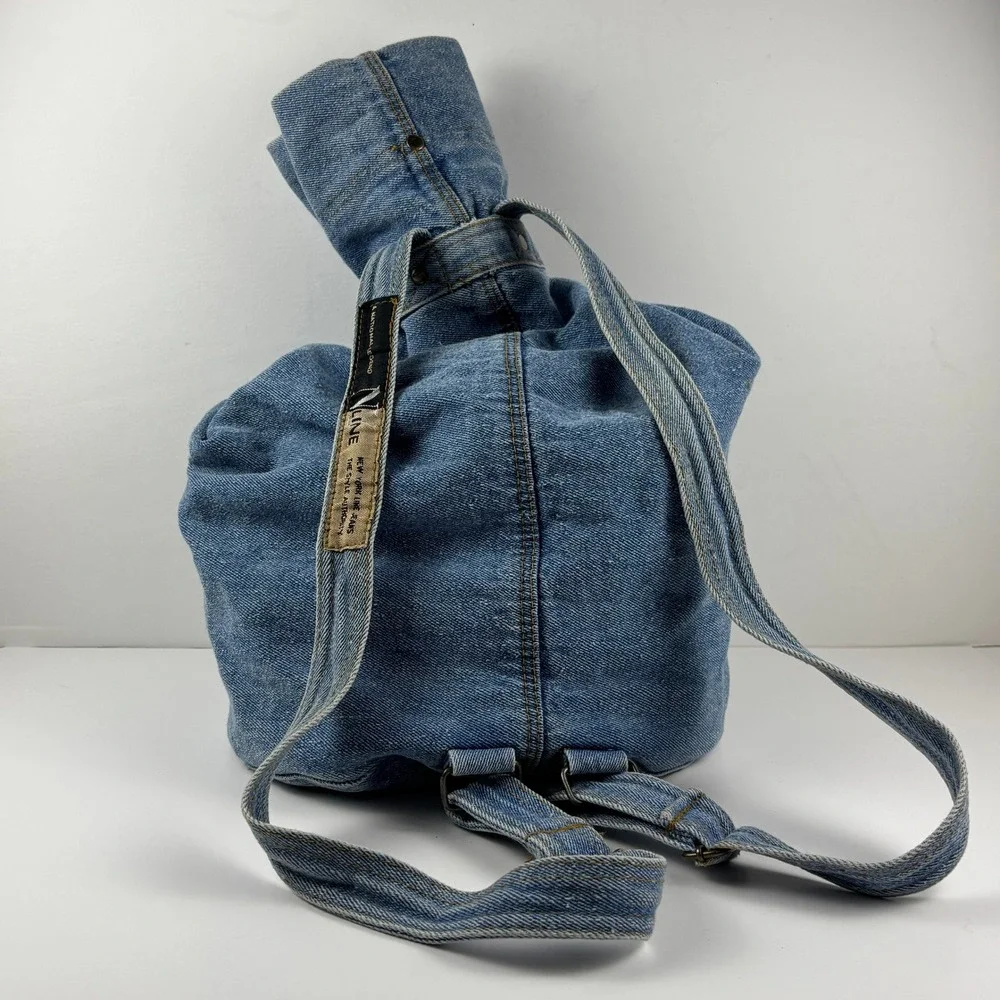 VTG 90's Y2K New‎ York Line Jeans Denim Backpack Blue Cinch Drawstring Bag